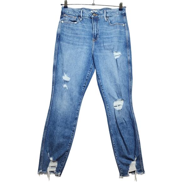 Good American Distressed High Waisted Raw Hem Cropped Skinny Jeans Size 8 - Picture 1 of 4